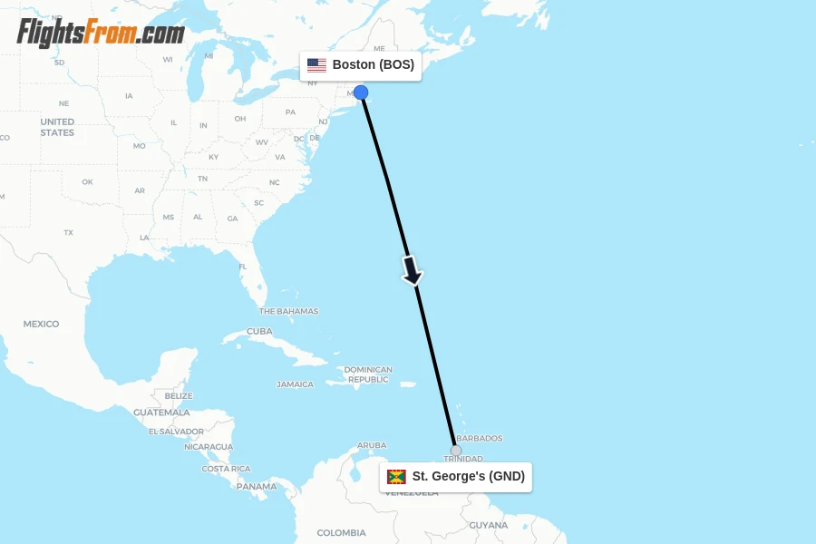 Flights from Boston to St. George's route map