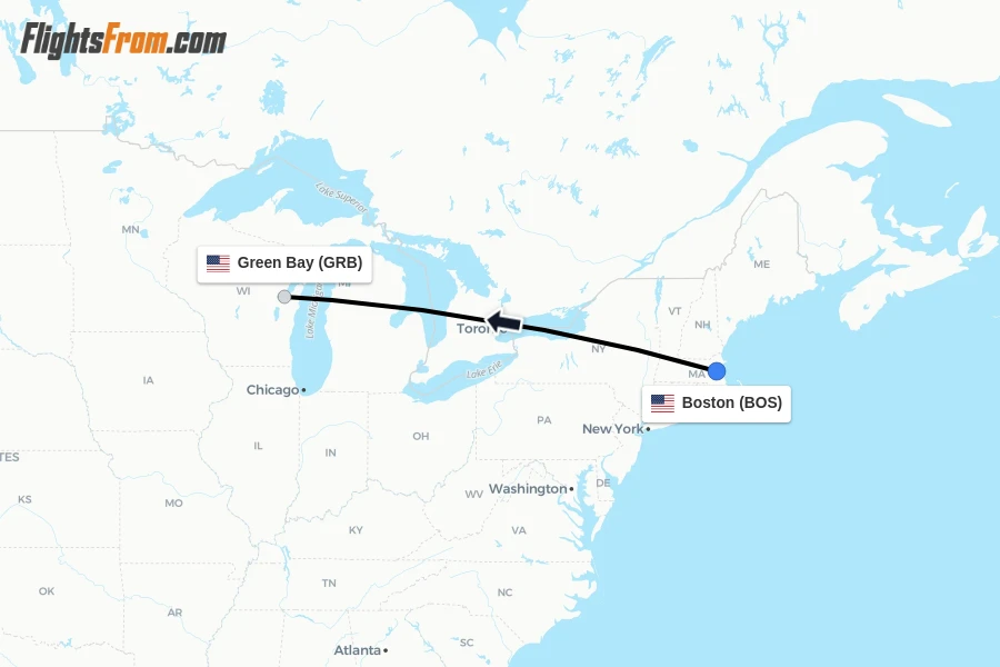 Flights from Boston to Green Bay route map
