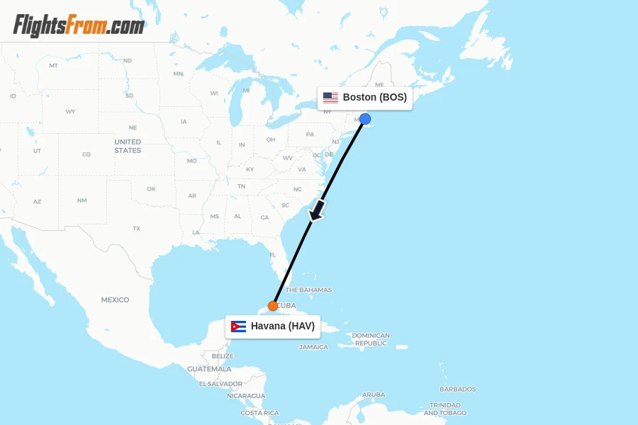 Flights from Boston to Havana route map