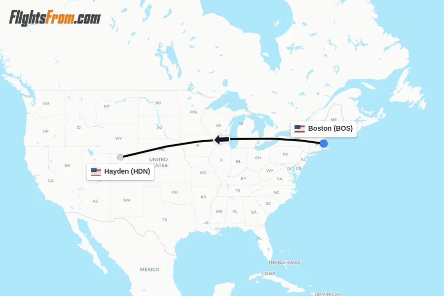 Flights from Boston to Hayden route map