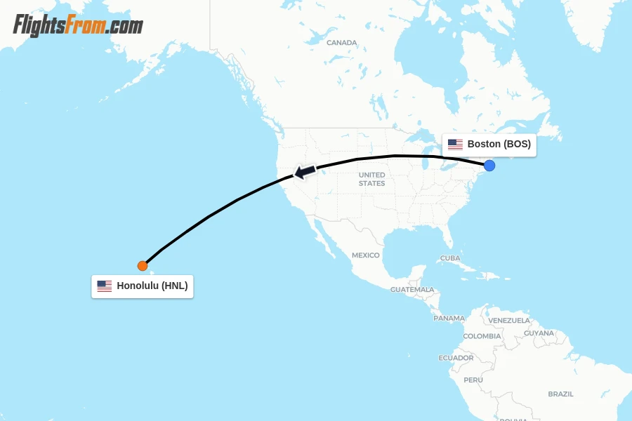 Flights from Boston to Honolulu route map