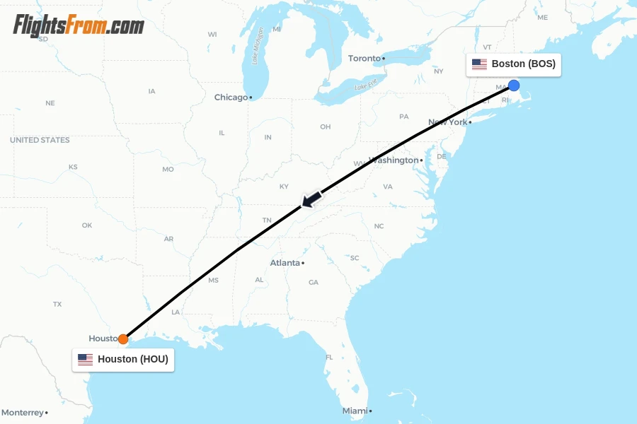 Flights from Boston to Houston route map