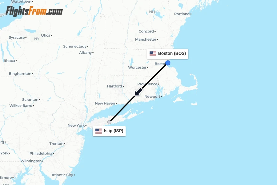 Flights from Boston to Islip route map