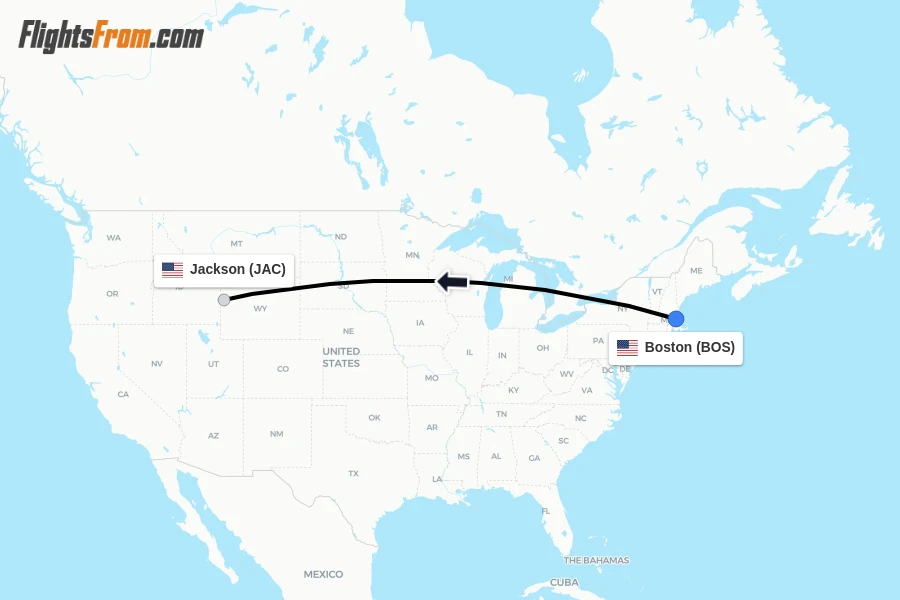 Flights from Boston to Jackson route map