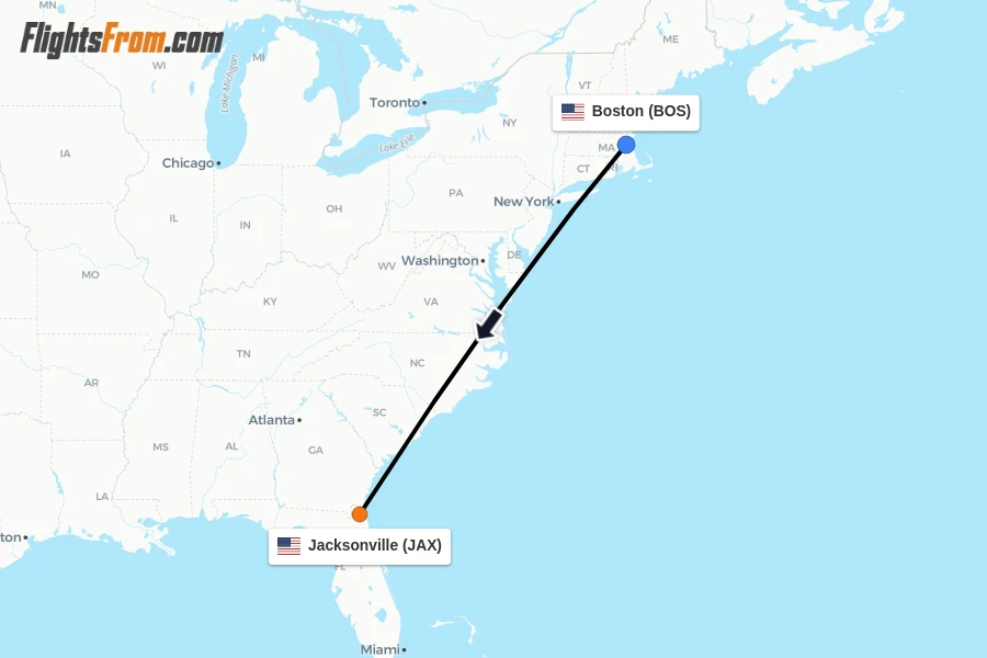 Flights from Boston to Jacksonville route map