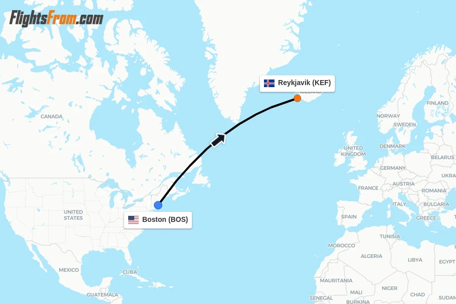 Flights from Boston to Reykjavik route map