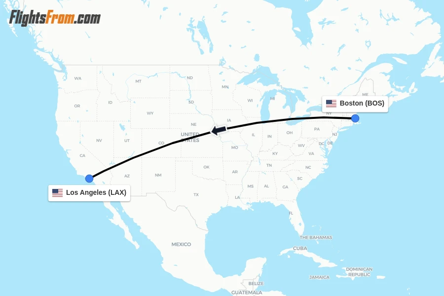 Flights from Boston to Los Angeles route map