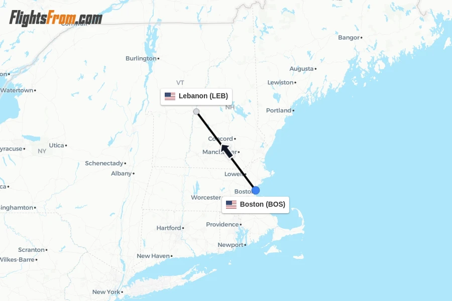 Flights from Boston to Lebanon route map