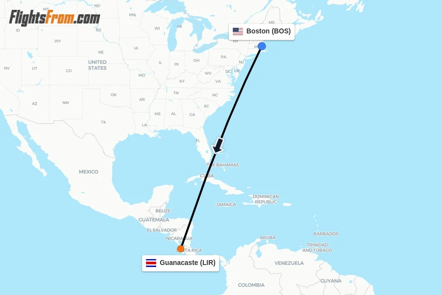 Flights from Boston to Guanacaste route map