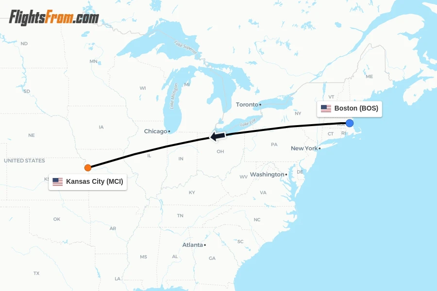 Flights from Boston to Kansas City route map