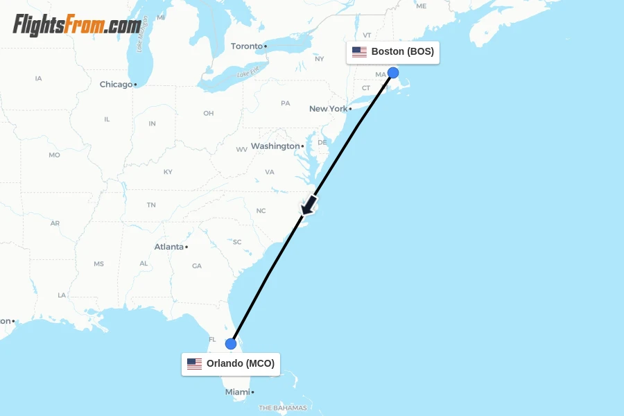 Flights from Boston to Orlando route map