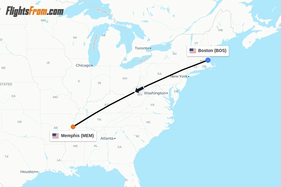 Flights from Boston to Memphis route map