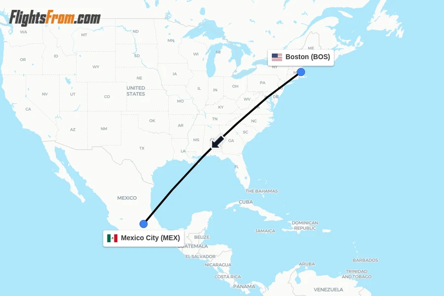 Flights from Boston to Mexico City route map