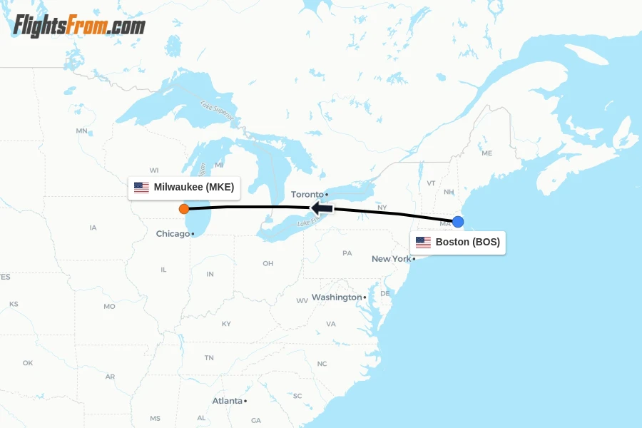 Flights from Boston to Milwaukee route map