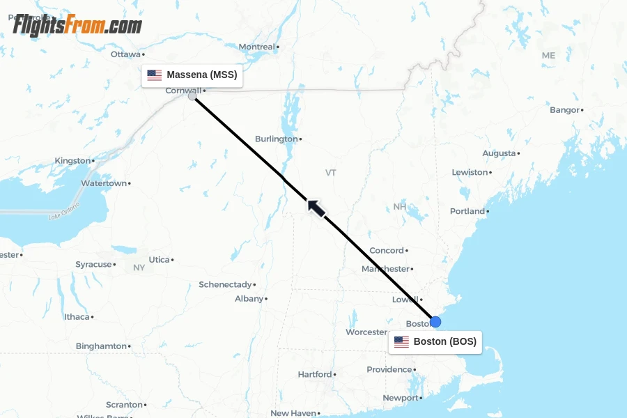 Flights from Boston to Massena route map