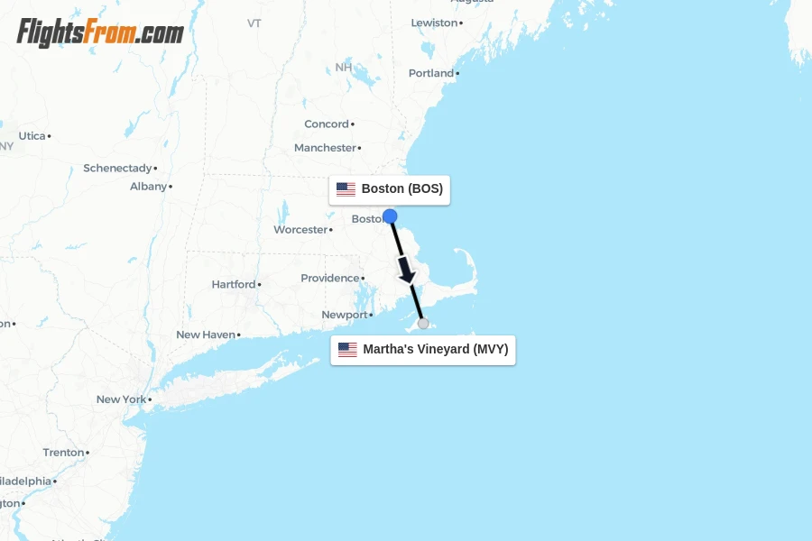 Flights from Boston to Martha's Vineyard route map