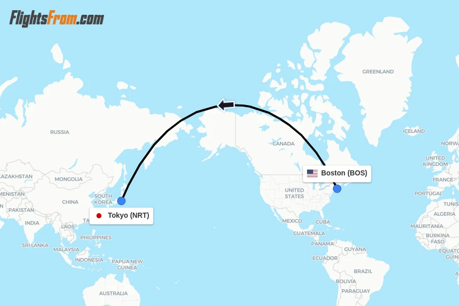 Flights from Boston to Tokyo route map