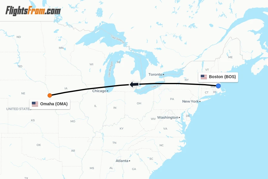 Flights from Boston to Omaha route map
