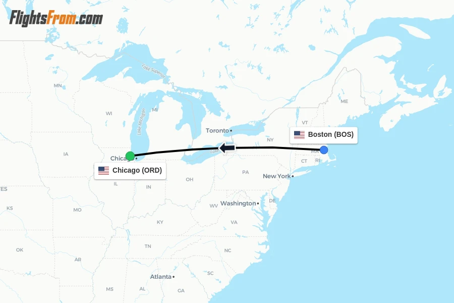 Flights from Boston to Chicago route map