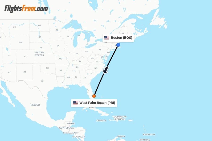 Flights from Boston to West Palm Beach route map
