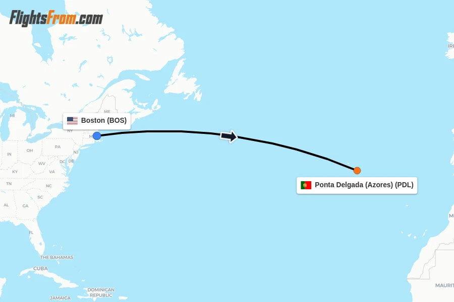 Flights from Boston to Ponta Delgada (Azores) route map