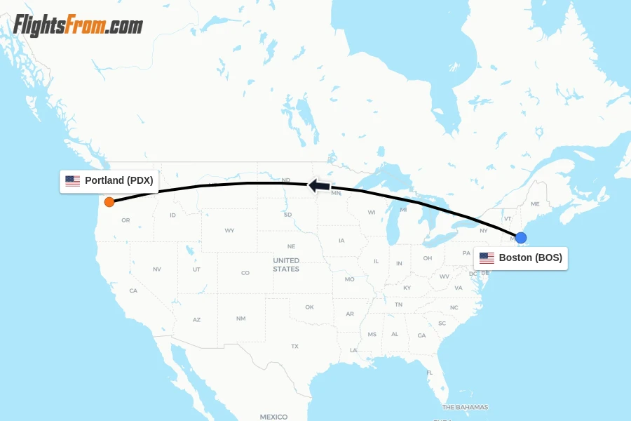 Flights from Boston to Portland route map