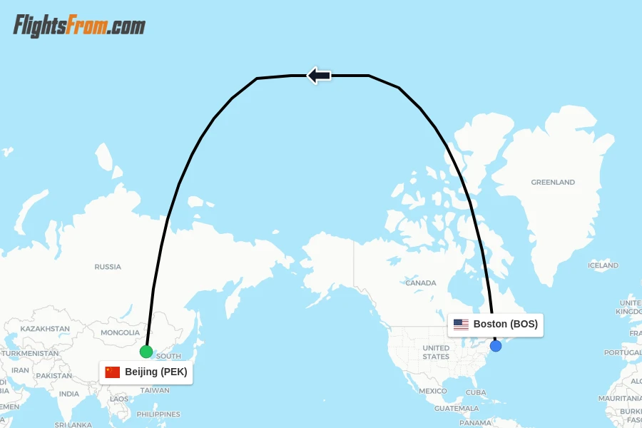 Flights from Boston to Beijing route map