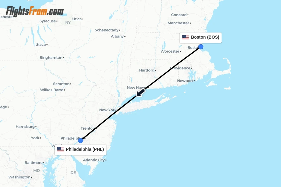 Flights from Boston to Philadelphia route map