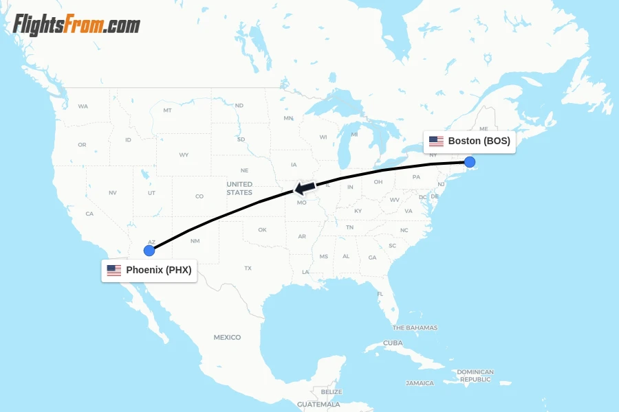 Flights from Boston to Phoenix route map