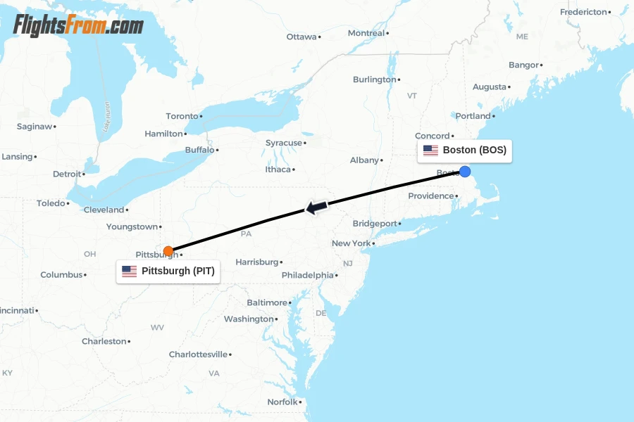 Flights from Boston to Pittsburgh route map