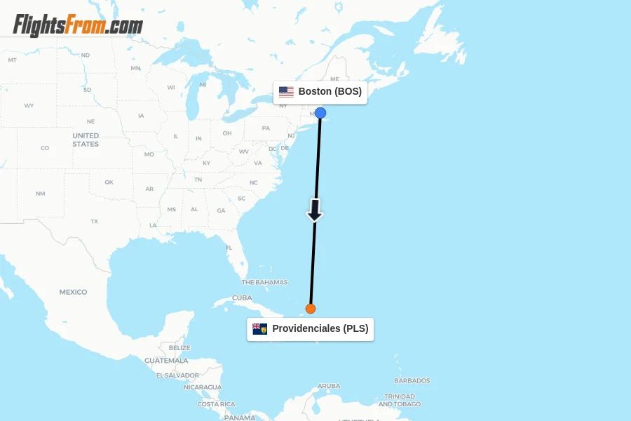 Flights from Boston to Providenciales route map