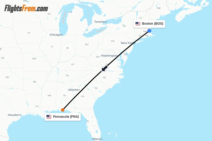 Flights from Boston to Pensacola route map