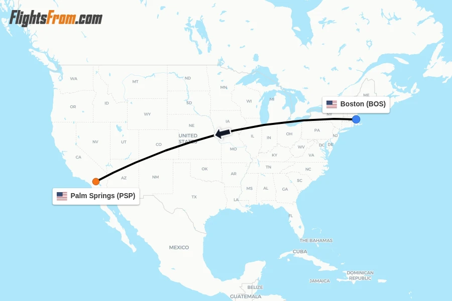 Flights from Boston to Palm Springs route map
