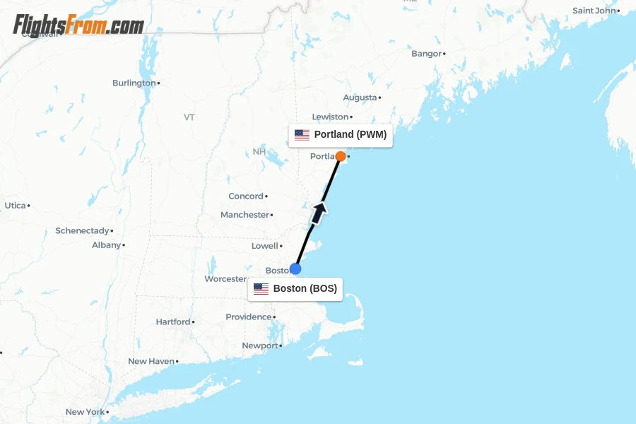Flights from Boston to Portland route map