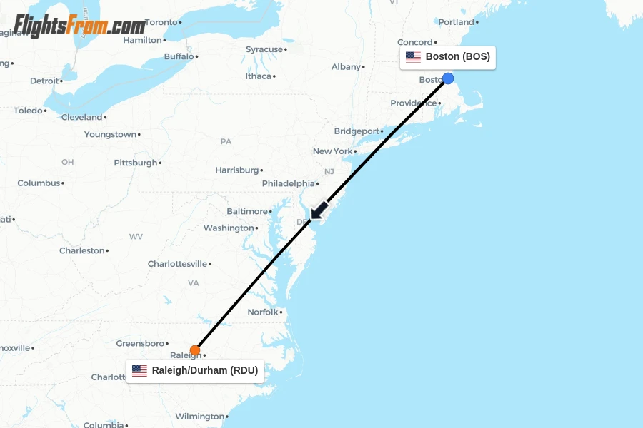 Flights from Boston to Raleigh/Durham route map