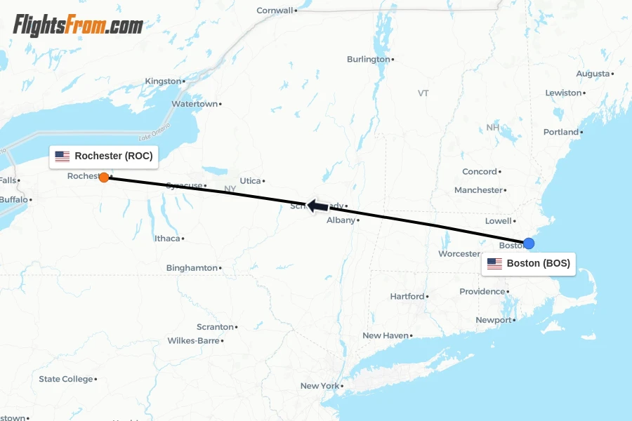 Flights from Boston to Rochester route map