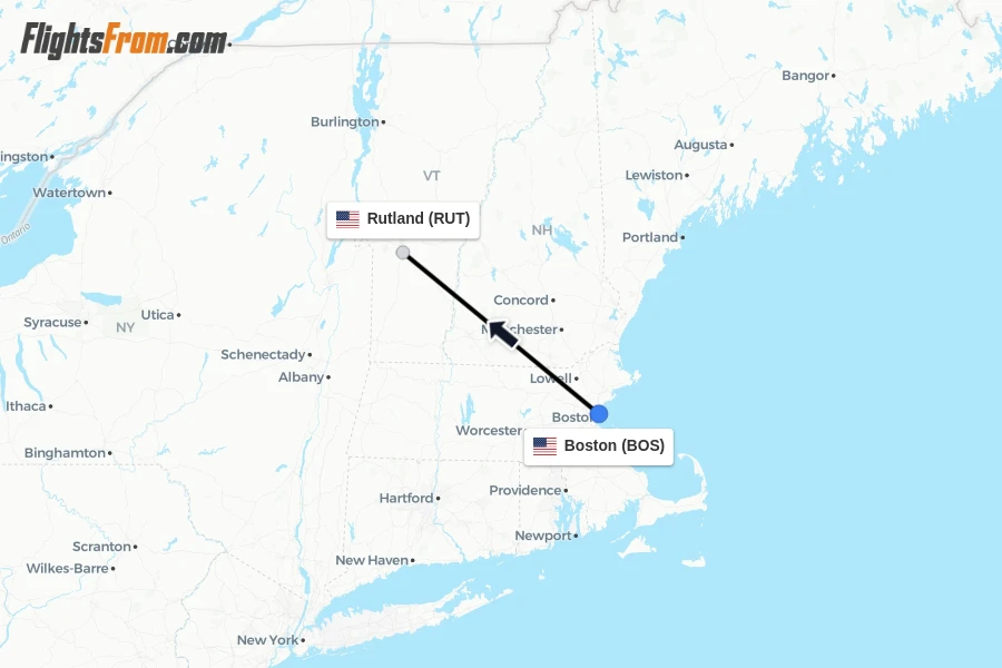 Flights from Boston to Rutland route map