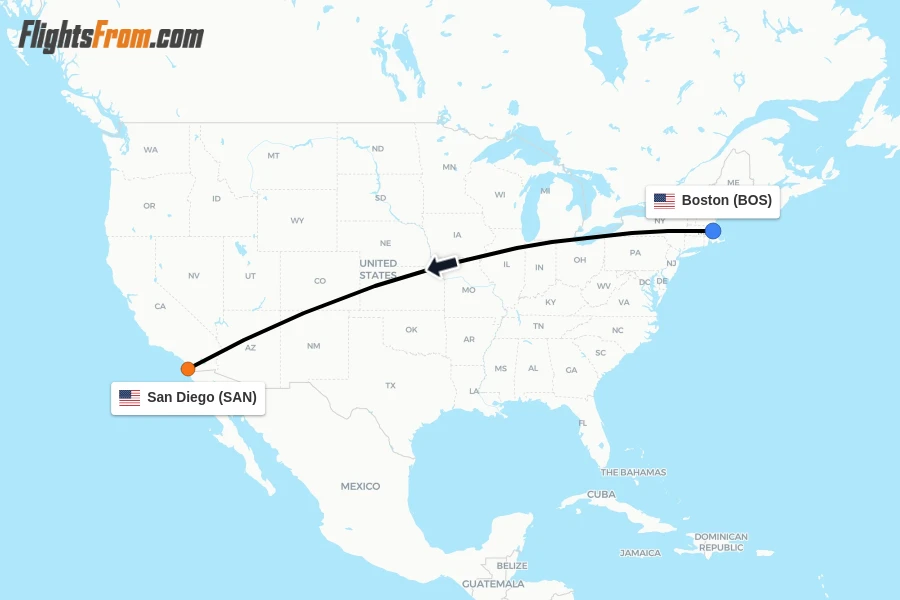 Flights from Boston to San Diego route map