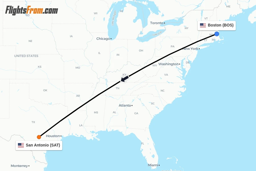 Flights from Boston to San Antonio route map