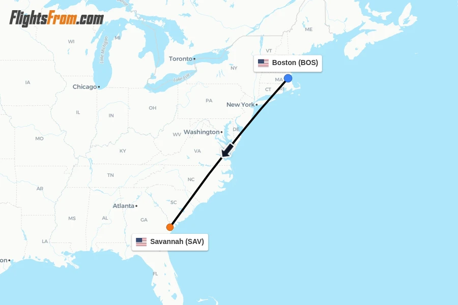 Flights from Boston to Savannah route map