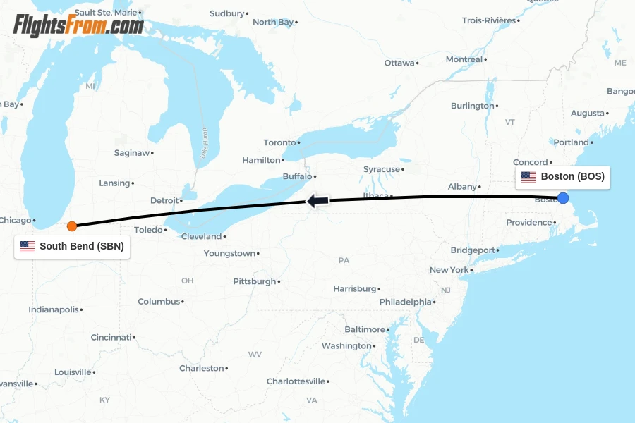 Flights from Boston to South Bend route map