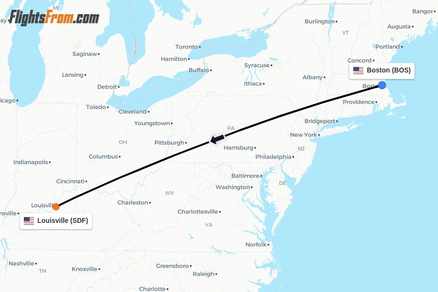 Flights from Boston to Louisville route map