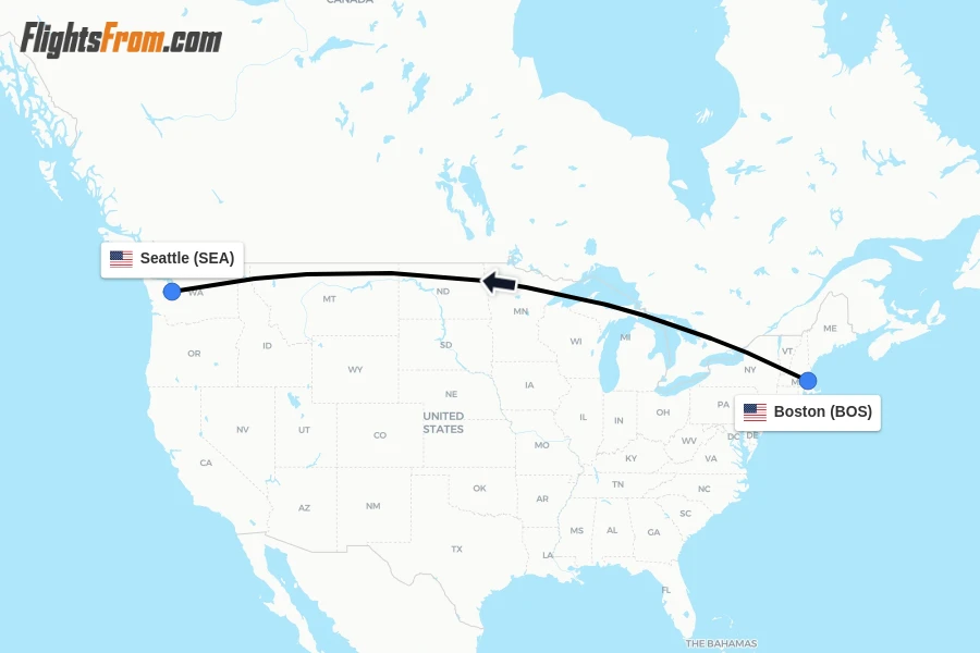 Flights from Boston to Seattle route map