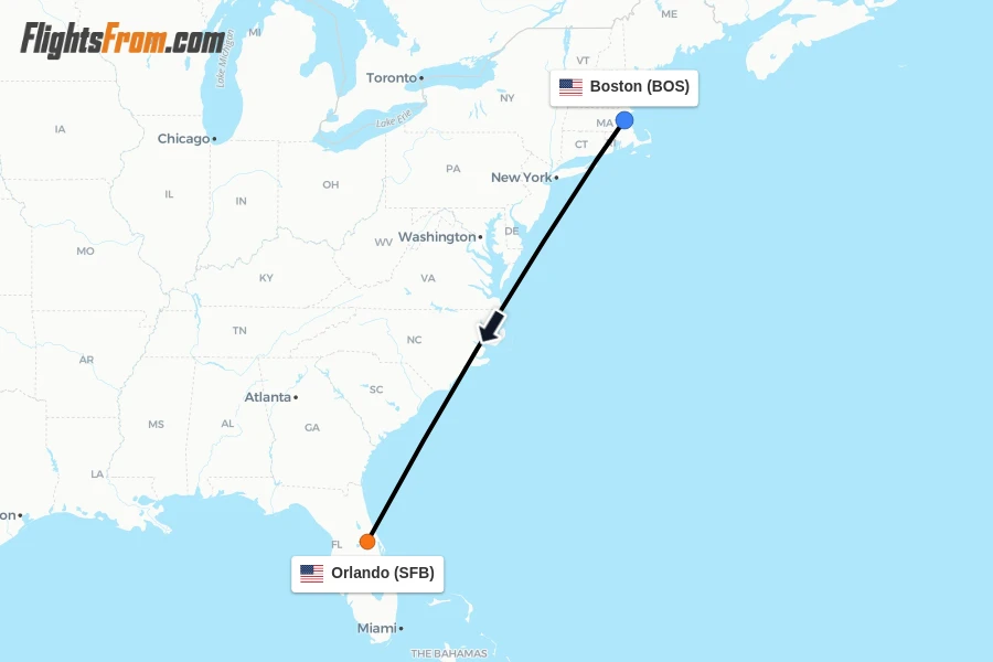 Flights from Boston to Orlando route map