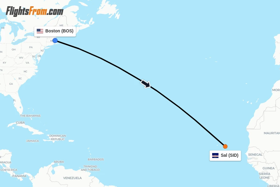 Flights from Boston to Sal route map