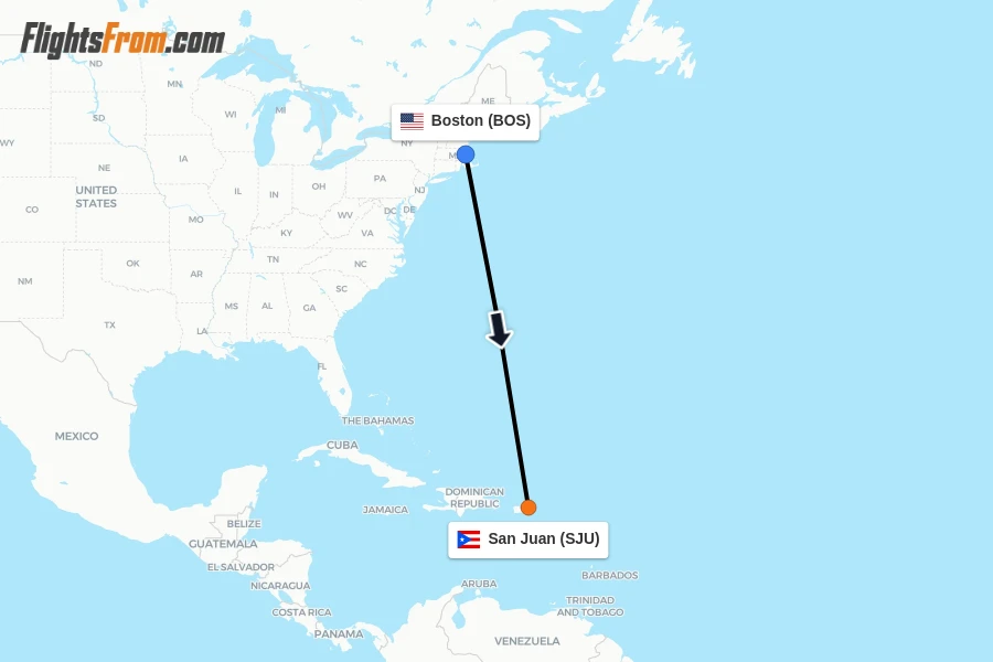 Flights from Boston to San Juan route map