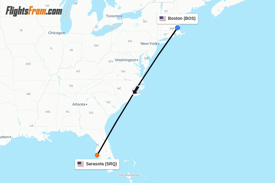 Flights from Boston to Sarasota route map