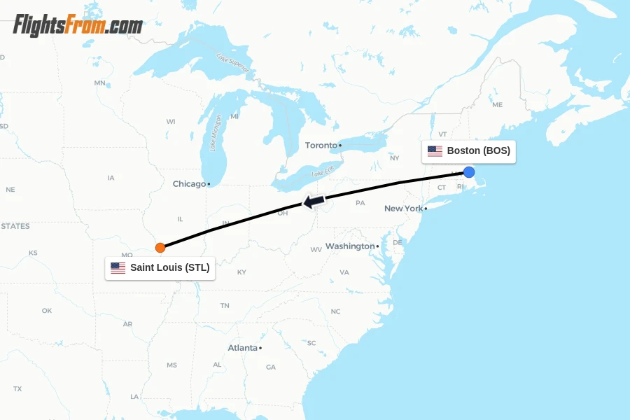 Flights from Boston to Saint Louis route map