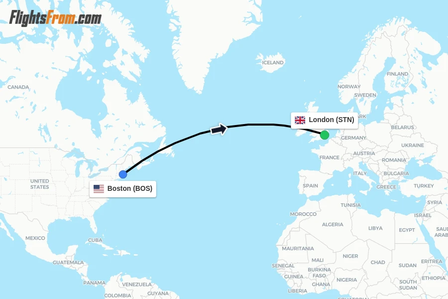 Flights from Boston to London route map