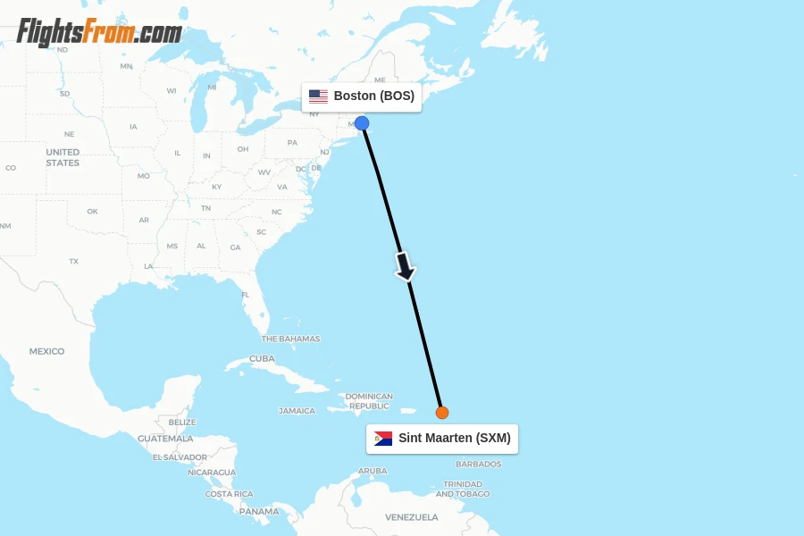 Flights from Boston to Sint Maarten route map